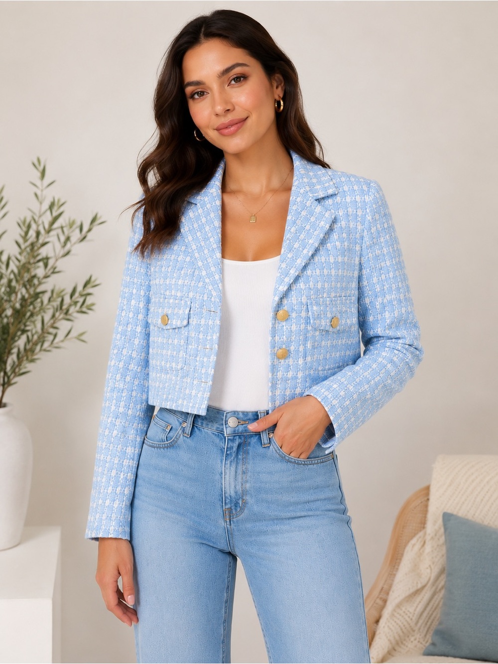 NWT Nine West Blue& White Tweed Cropped Blazer Gold Buttons Size Large